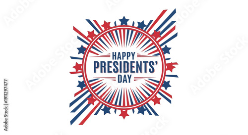 A patriotic 'Happy Presidents' Day' illustration featuring red, white, and blue stars and stripes on a white background, symbolizing American democracy and freedom.