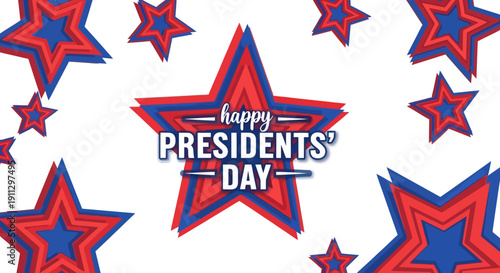 A graphic illustration of red, white, and blue stars with a central 'Happy Presidents' Day' message on a clean white background, conveying a patriotic and celebratory mood.