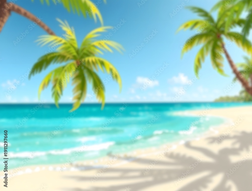 Fototapeta premium simple illustration of cozy doodle blur scene depicting tropical beach with swaying palm trees, leaves a vibrant green, and warm sunlight shining down on the calm turquoise ocean