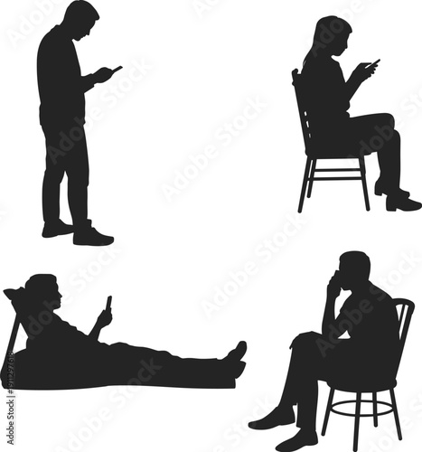People using smartphones silhouette set standing sitting lying texting browsing mobile phone digital addiction communication lifestyle illustration concept