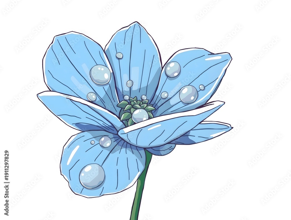 Obraz premium illustration of delicate blue flower with soft petals and gentle curves, adorned with translucent water drops that reflect light, in whimsical doodle style