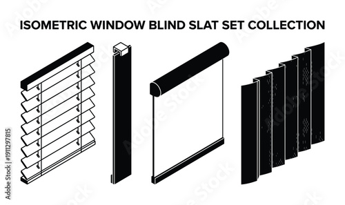 Isometric window blind slat set collection featuring vertical and horizontal covering types