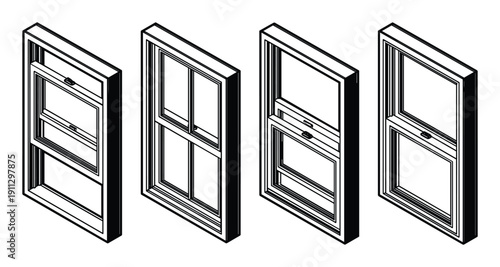 Isometric windows and doors for architectural design and construction elements