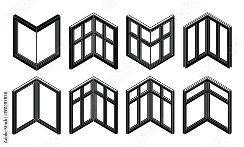 Isometric window frame set for house construction and interior design architectural elements