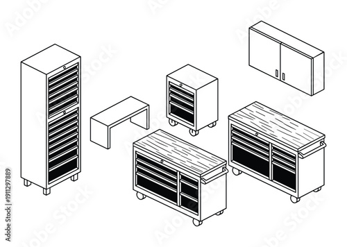 Isometric workshop furniture and storage solutions, outline icons of garage equipment, interior element