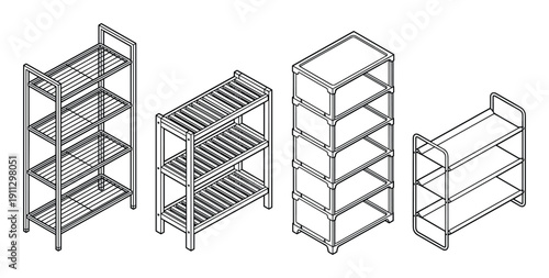 Isometric wireframe outlines of metal shelving units and storage racks for warehouse or garage use