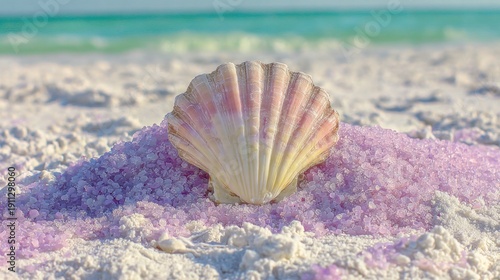 Close up of seashell resting on a mound of colorful sand on a sunny beach