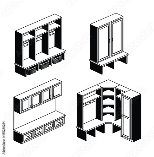 Mudroom entryway locker and hallway storage furniture isometric line art collection
