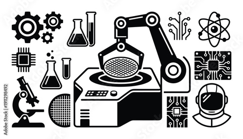 semiconductor manufacturing and science icons set, modern technology and research symbols