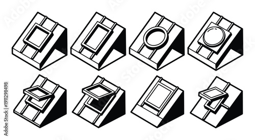 Set of attic window installation diagrams showing opening mechanisms and different frame shapes