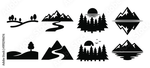 Set of eight outdoor landscape design templates including mountains, trees, and river views
