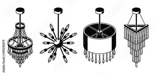 Set of four art deco style chandeliers and lamps in black and white isometric view