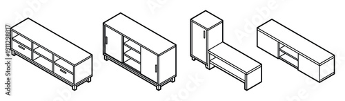 Set of modern storage cabinets and consoles in isometric view on transparent background
