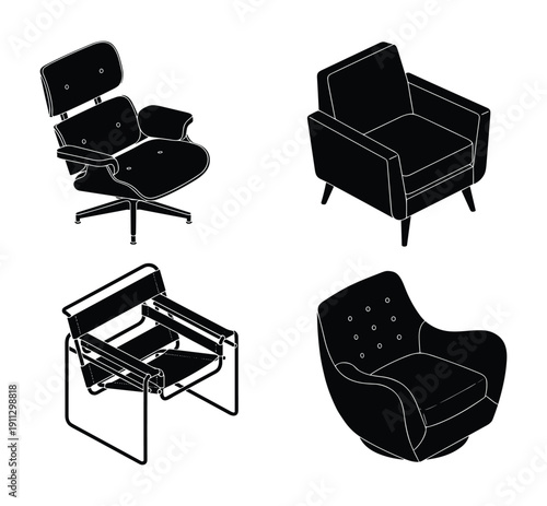 Set of modern designer chairs and armchairs in isometric view on transparent background