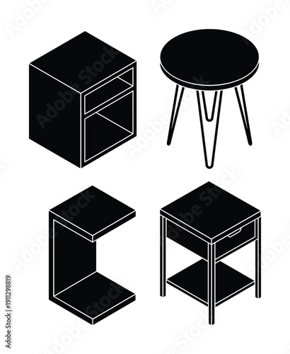 Set of modern isometric bedside tables and minimalist nightstands for bedroom interior