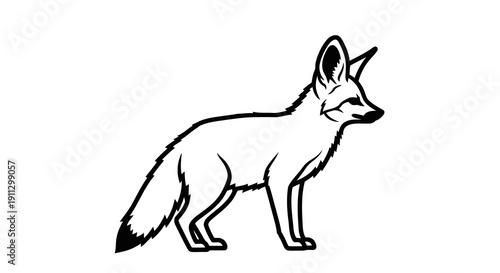 A simple line drawing of an arctic fox standing on a white background.