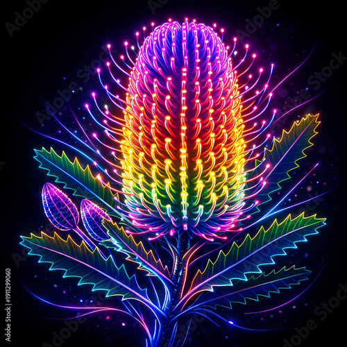 Neon Banksia Flower Glowing Line Art