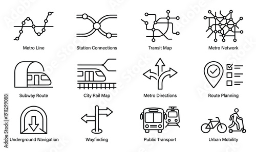Subway transit map and urban mobility line icons for public transportation