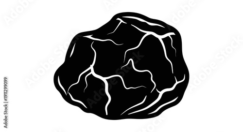 A black and white illustration of a cracked stone or asteroid on a plain white background.