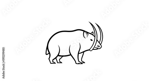 Simple line drawing of a rhinoceros with distinctive horns and robust body.