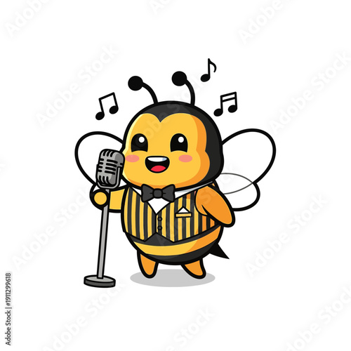 Cute Honey Bee Character Singing with Vintage Microphone and Musical Notes Mascot Illustration