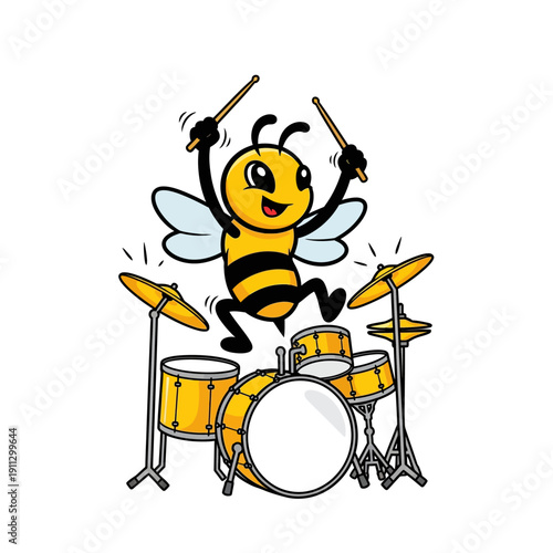 Cute Bee Character Playing Drums Musical Instrument Cartoon Mascot Illustration