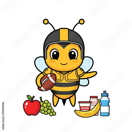 Cute Bee American Football Player Cartoon Character with Healthy Snacks and Drinks