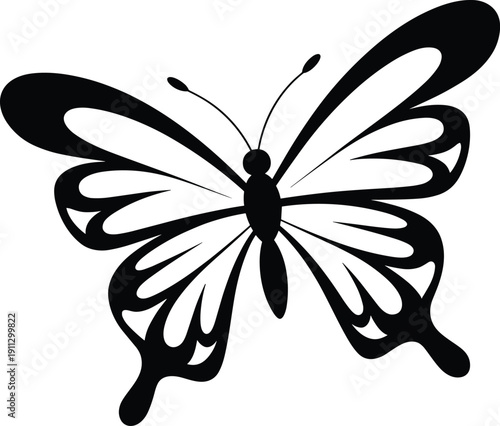 Black silhouette of a butterfly with intricate wing patterns on white background insect