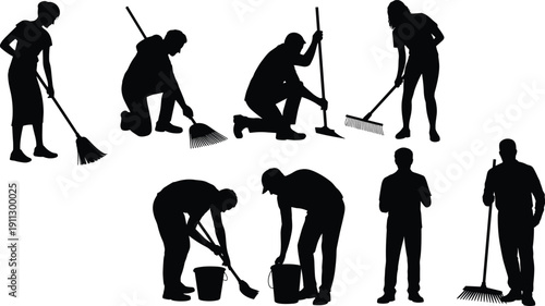 Silhouettes of People Cleaning with Mops, Rakes, and Buckets sweeping mopping