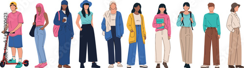 Diverse Young People Character Set, Stylish Gen Z Students Group Isolated Flat Vector Art