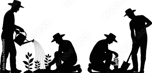 Gardening Man Silhouette Set, Farmer Planting and Watering Plants, Agriculture Flat Illustration Art
