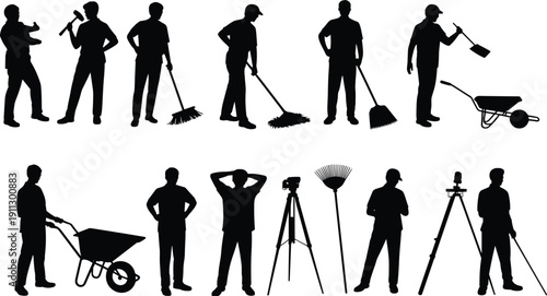 Construction and gardening worker silhouettes vector set, men with tools wheelbarrow rake shovel and tripod isolated on white background