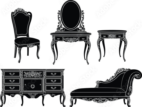 Antique baroque furniture silhouettes vector set, ornate chair dressing table cabinet and chaise lounge in classic royal style isolated on white