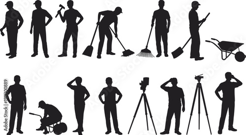 Construction and maintenance worker silhouettes vector collection, men with shovel rake wheelbarrow hammer and survey tripod isolated on white background