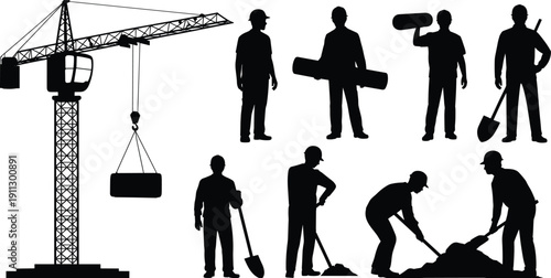 Construction worker and tower crane silhouettes vector set, builders with shovel and rolled plans industrial labor scene isolated on white background