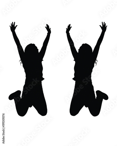 Silhouettes of two young women jumping for joy isolated on white background, concept of success, freedom and friendship