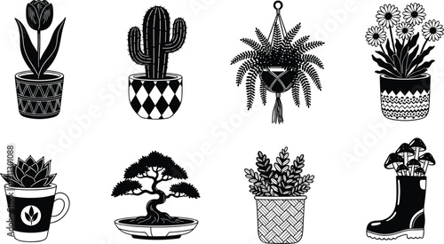 Set of hand drawn black and white potted plant icons featuring cactus bonsai succulent and flowers in decorative gardening pots