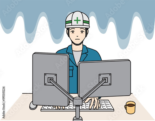 PC作業中に青ざめて絶望するヘルメット姿の男性作業員