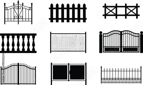Fence and gate silhouette collection, decorative metal and wooden barrier vector illustration set with residential garden entrance designs