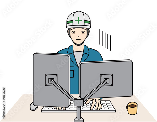 PC作業で行き詰まり落ち込むヘルメット姿の男性作業員