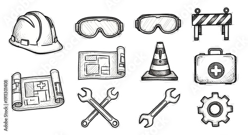 Hand Drawn Construction and Safety Icons Set. Sketch style tools, blueprints, hard hat, wrench, first aid kit, and traffic cone illustrations.