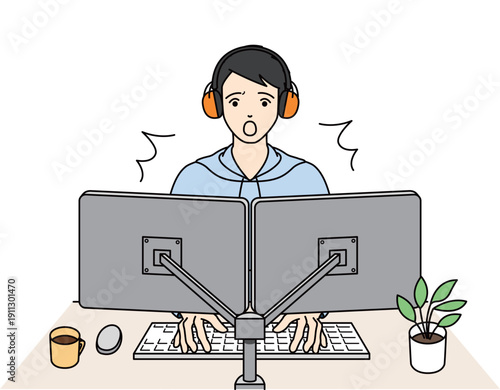 聴覚過敏の男性がイヤーマフを付けてパソコン作業で驚く様子