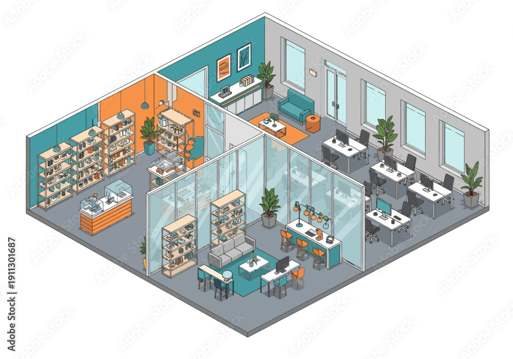 Obraz premium Overhead view of a modern office space with desks, chairs, and shelving units