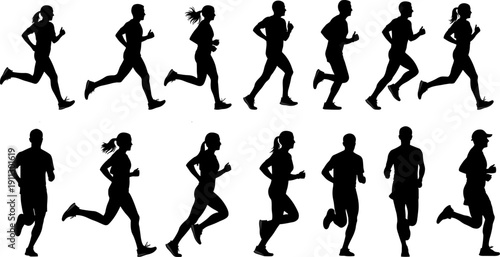 People Running and Jogging Silhouette Set, Male and Female Runners Flat Illustration Art