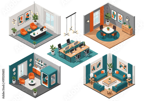 Isometric illustrations of modern office and living spaces showcasing furniture and decor