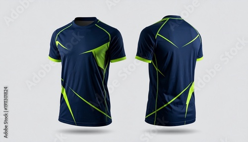 Performance activewear shirt featuring a striking navy and neon green geometric pattern