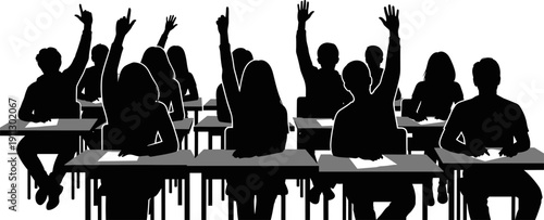 Students Raising Hands in Classroom Silhouette Set, Education and Learning Flat Illustration Art