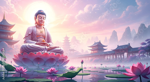 Buddha Statue Meditating on Lotus Flower, Serene Asian Temple Landscape