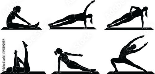 Silhouettes of Woman Doing Pilates and Yoga Exercises, Flat Vector Illustration Set