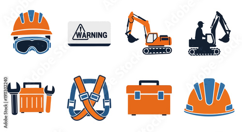 Retro Textured Construction Safety Icons. Hard Hat, Excavator Machinery, Warning Sign, Tool Kit, and Worker Harness Graphics.